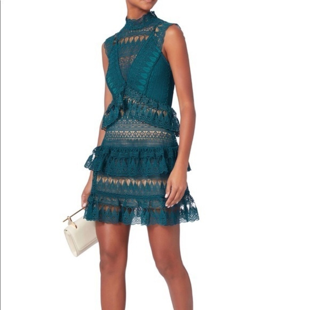 Self-Portrait / Teardrop Guipure tiered lace minidress Teal turquoise US 6 UK 10